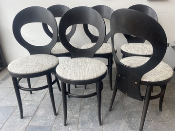 10 Chaises Baumann Bois Foncé Percé Nouveau Garnissage