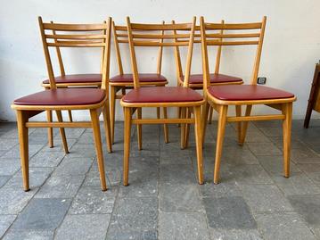 6 Chaises Bois Clair Galette en Skaï Rouge